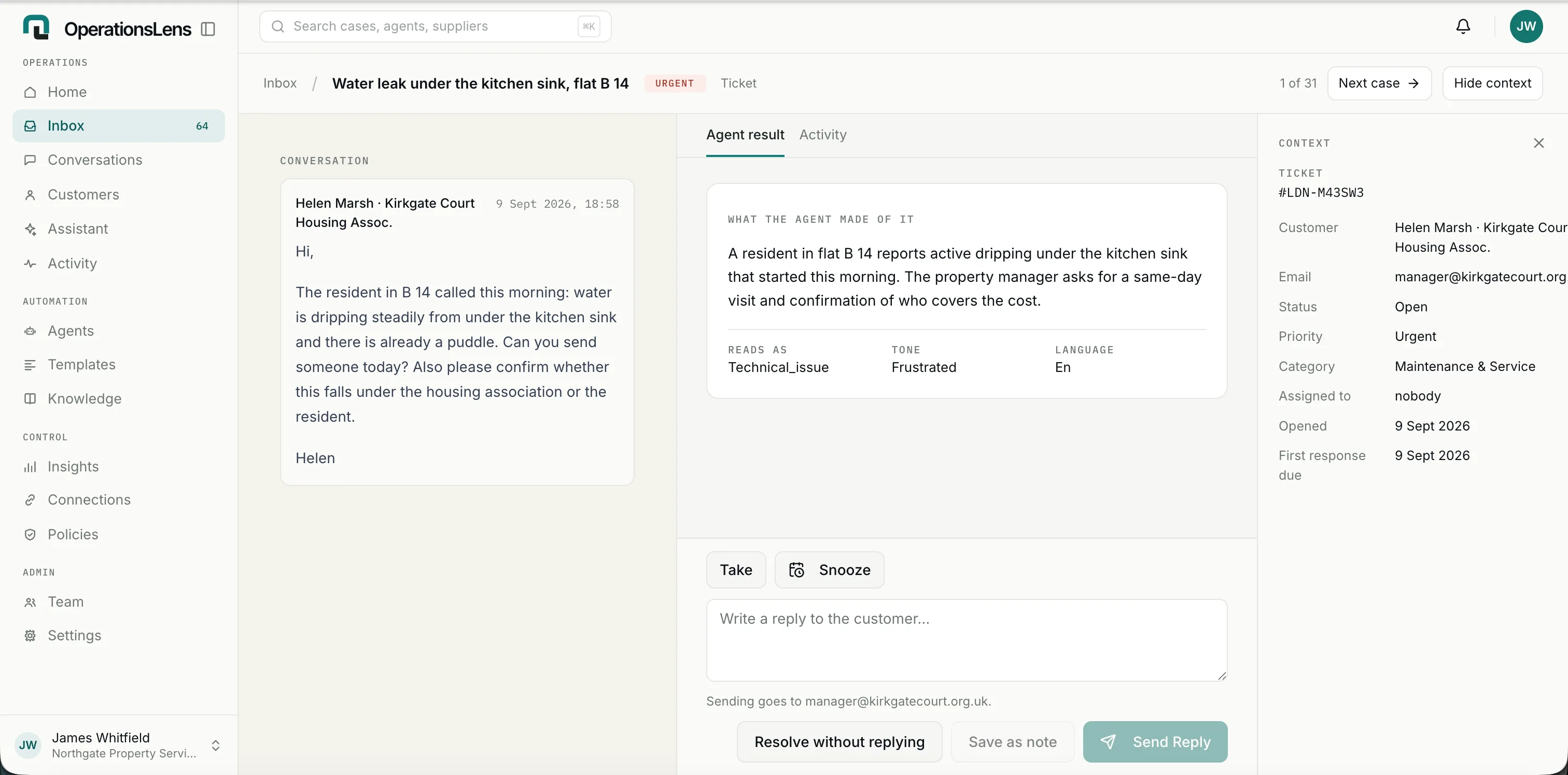An incoming customer message next to the agent's structured read-out — issue type, tone and language — the same read-and-structure step Order Intake runs on every order.